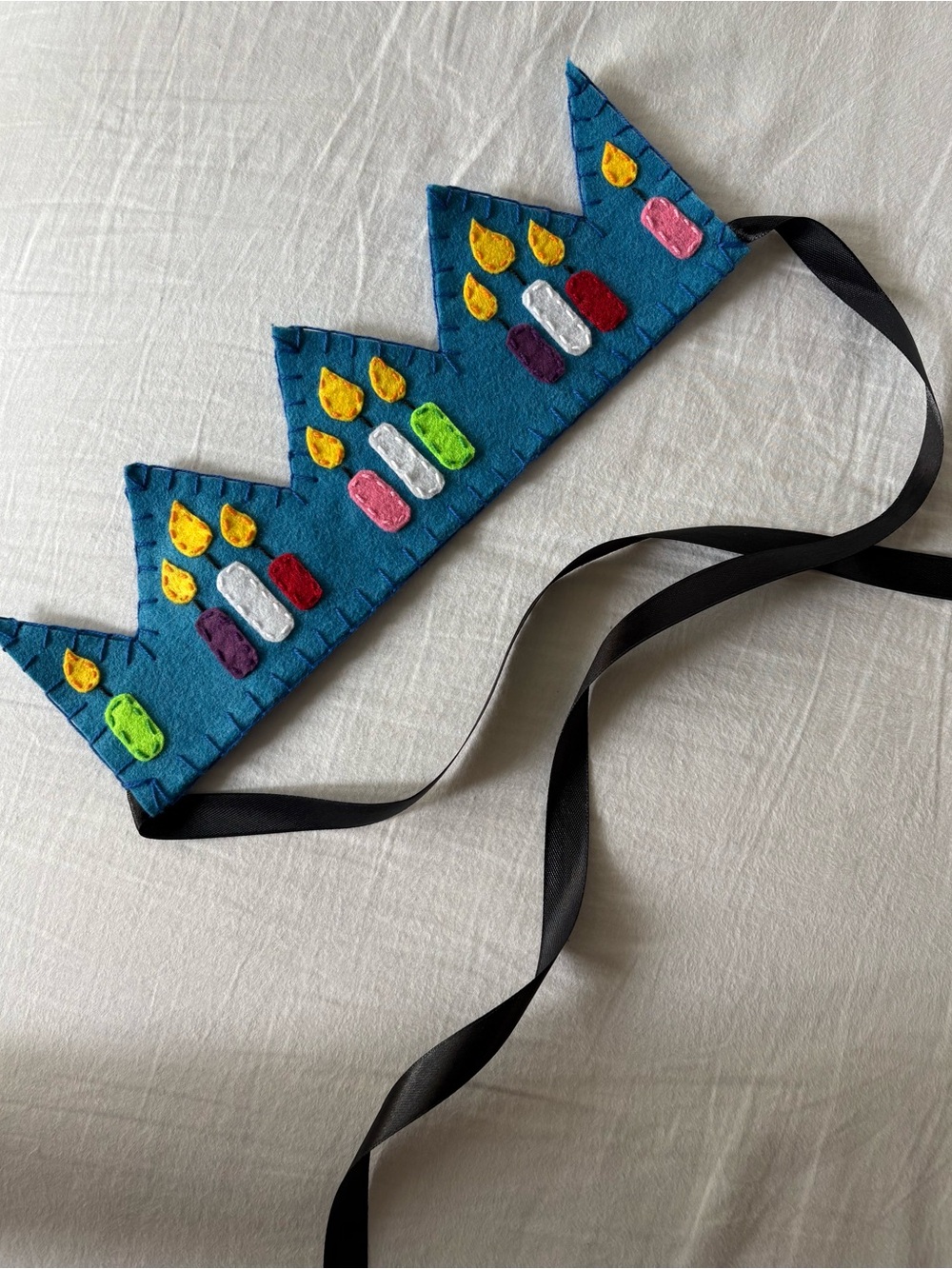 Handmade Blue Felt Kids Crown with Colorful Candle Appliqués